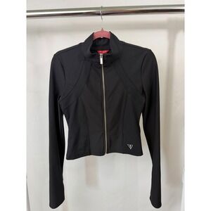 Guess Los Angeles Womens Black Ribbed Full Zip Mock Neck Active Jacket Crop M